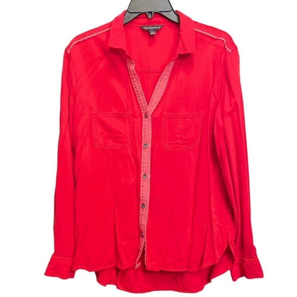 Medium ROCK & REPUBLIC Long Sleeve Button Down Red Shirt-Drapey Roll Cuff